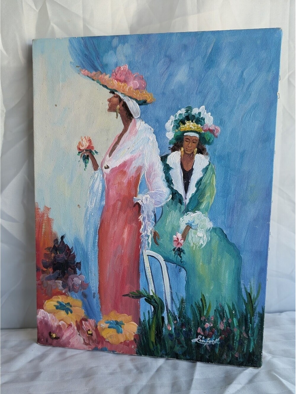 1997 Personal Preference Oil on Canvas Painting of Two Women in Floral Attire by